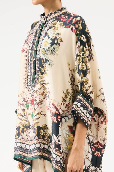 Buy_Rajdeep Ranawat_Beige Silk, Modal Crystals, Chanel Sonth Floral Print Tunic With Dhoti Pant 