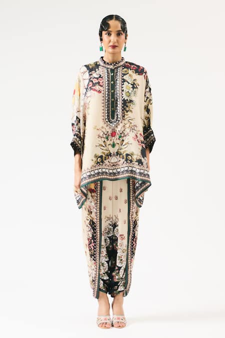 Shop_Rajdeep Ranawat_Beige Silk, Modal Crystals, Chanel Sonth Floral Print Tunic With Dhoti Pant 