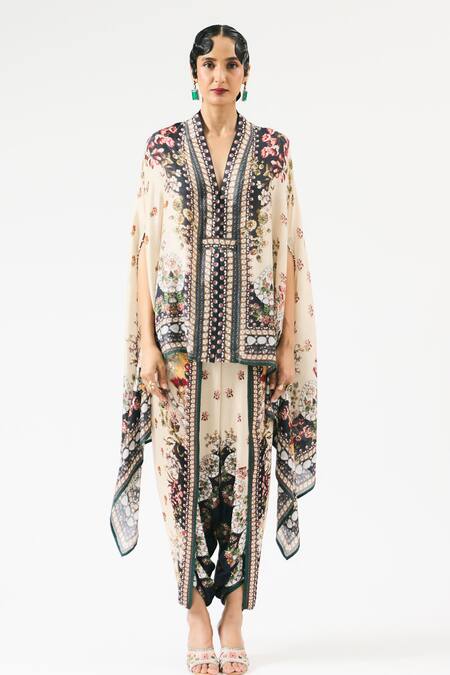 Rajdeep Ranawat_Beige Silk, Modal Crystals, Chloe Sonth Floral Print Tunic With Dhoti Pant _Online_at_Aza_Fashions