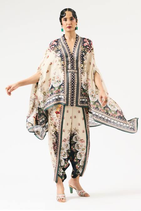 Buy_Rajdeep Ranawat_Beige Silk, Modal Crystals, Chloe Sonth Floral Print Tunic With Dhoti Pant _Online_at_Aza_Fashions