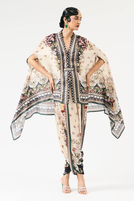 Shop_Rajdeep Ranawat_Beige Silk, Modal Crystals, Chloe Sonth Floral Print Tunic With Dhoti Pant _Online_at_Aza_Fashions
