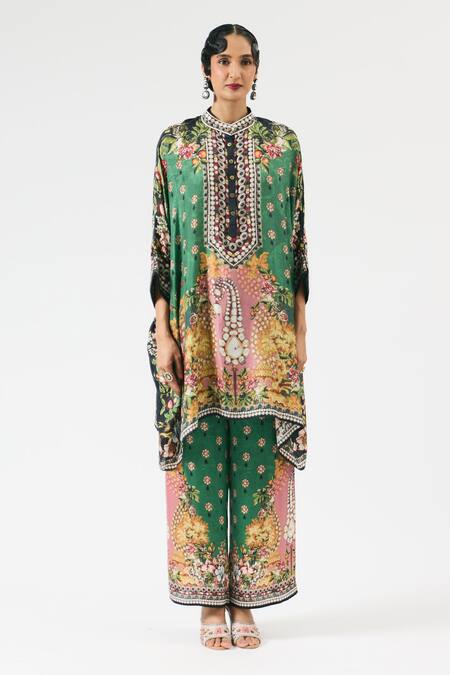 Rajdeep Ranawat_Emerald Green Silk, Modal Crystals, Chanel Floral Blossom Print Tunic With Pant _Online_at_Aza_Fashions
