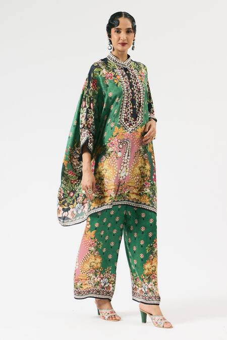 Buy_Rajdeep Ranawat_Emerald Green Silk, Modal Crystals, Chanel Floral Blossom Print Tunic With Pant _Online_at_Aza_Fashions