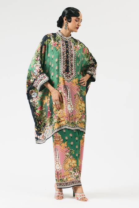 Shop_Rajdeep Ranawat_Emerald Green Silk, Modal Crystals, Chanel Floral Blossom Print Tunic With Pant _Online_at_Aza_Fashions