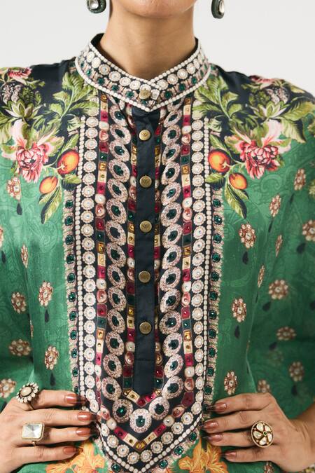 Rajdeep Ranawat_Emerald Green Silk, Modal Crystals, Chanel Floral Blossom Print Tunic With Pant _at_Aza_Fashions