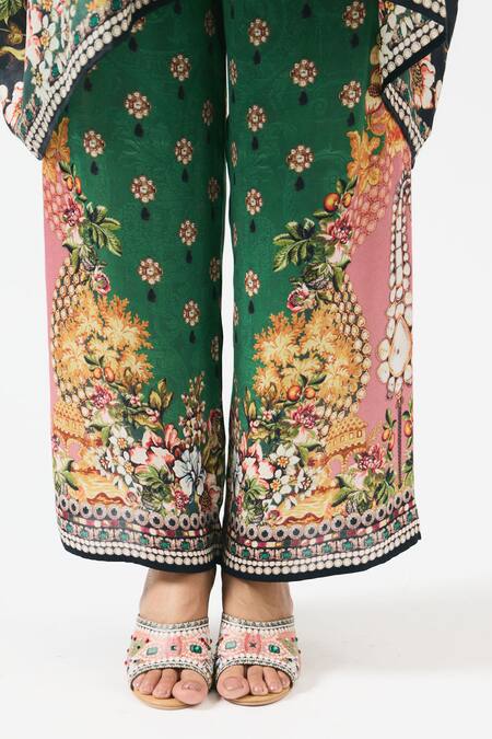 Buy_Rajdeep Ranawat_Emerald Green Silk, Modal Crystals, Chanel Floral Blossom Print Tunic With Pant 