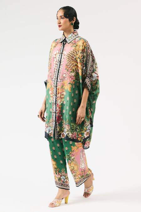 Buy_Rajdeep Ranawat_Emerald Green Silk, Modal Crystals, Kamara Floral Blossom Print Tunic With Pant _Online_at_Aza_Fashions