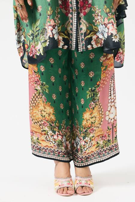 Buy_Rajdeep Ranawat_Emerald Green Silk, Modal Crystals, Kamara Floral Blossom Print Tunic With Pant 