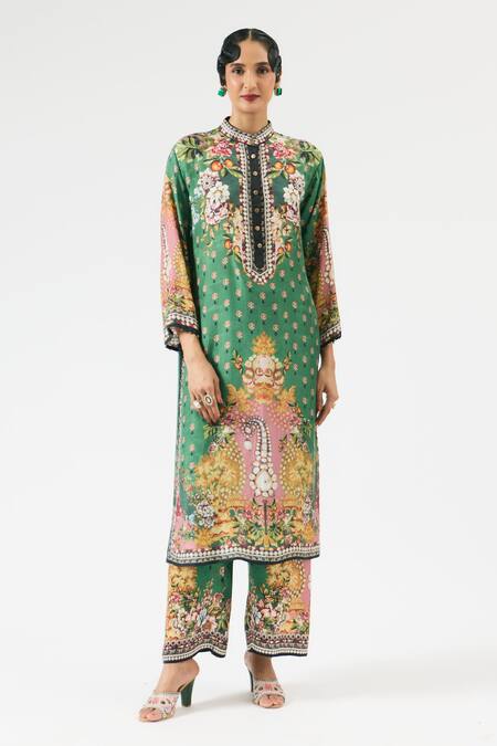 Rajdeep Ranawat_Emerald Green Silk, Modal Embroidery Ramin Floral Blossom Print Kurta With Pant _Online_at_Aza_Fashions