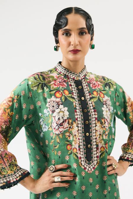 Shop_Rajdeep Ranawat_Emerald Green Silk, Modal Embroidery Ramin Floral Blossom Print Kurta With Pant _Online_at_Aza_Fashions