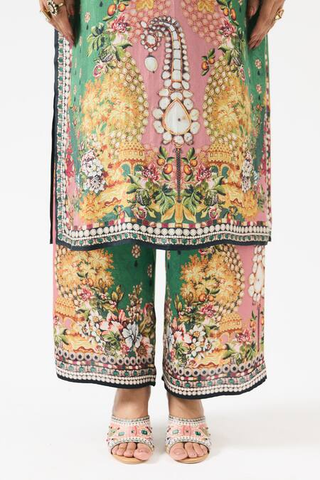 Rajdeep Ranawat_Emerald Green Silk, Modal Embroidery Ramin Floral Blossom Print Kurta With Pant _at_Aza_Fashions