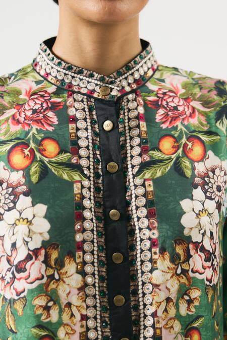 Buy_Rajdeep Ranawat_Emerald Green Silk, Modal Embroidery Ramin Floral Blossom Print Kurta With Pant 