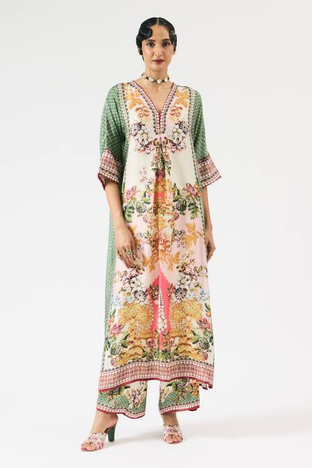 Rajdeep Ranawat_Multi Color Silk, Modal Pearls, Banera Floral Geometric Print Kurta With Pant _Online_at_Aza_Fashions