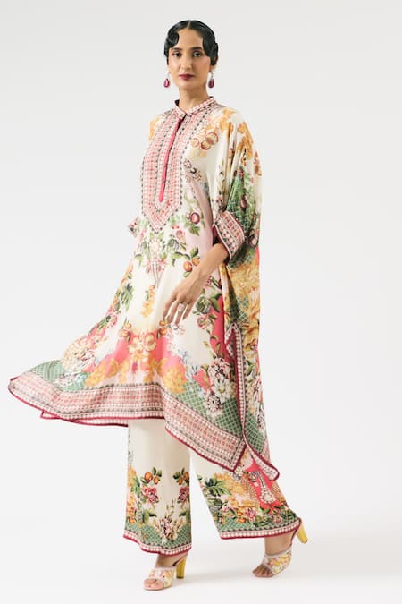 Shop_Rajdeep Ranawat_Multi Color Silk, Modal Chanetelle Floral Blossom Print Tunic With Pant _Online_at_Aza_Fashions