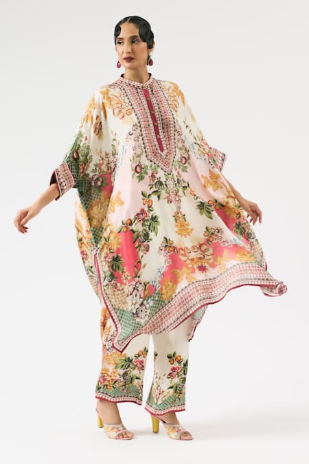 Rajdeep Ranawat_Multi Color Silk, Modal Chanetelle Floral Blossom Print Tunic With Pant _at_Aza_Fashions