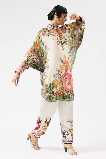 Buy_Rajdeep Ranawat_Multi Color Silk, Modal Mabel Geometric Floral Print Shirt Tunic With Pant _Online_at_Aza_Fashions