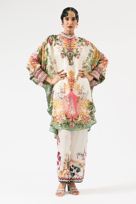 Shop_Rajdeep Ranawat_Multi Color Silk, Modal Mabel Geometric Floral Print Shirt Tunic With Pant _Online_at_Aza_Fashions