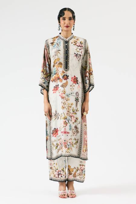 Rajdeep Ranawat_Grey Silk, Modal Embroidery Bandeau Neck Ghazala Flower Print Kurta With Pant _Online_at_Aza_Fashions