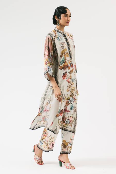 Buy_Rajdeep Ranawat_Grey Silk, Modal Embroidery Bandeau Neck Ghazala Flower Print Kurta With Pant _Online_at_Aza_Fashions