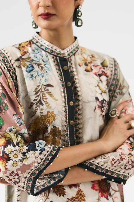 Shop_Rajdeep Ranawat_Grey Silk, Modal Embroidery Bandeau Neck Ghazala Flower Print Kurta With Pant _Online_at_Aza_Fashions