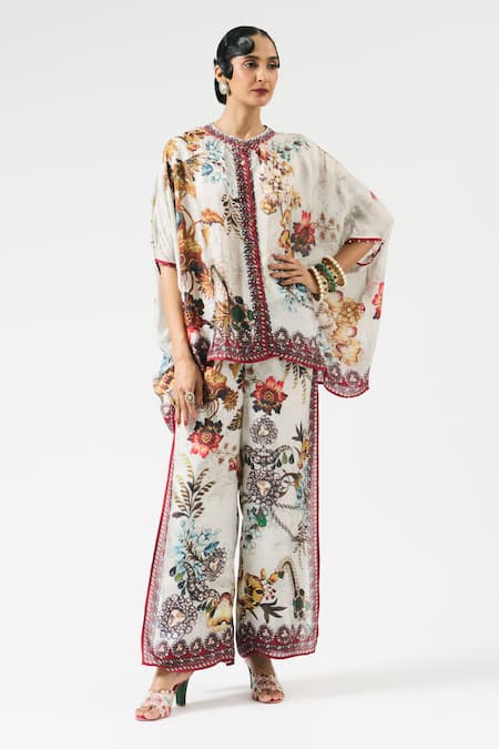Buy_Rajdeep Ranawat_Grey Silk, Modal Crystals, Pearls, Hanan Floral Print Tunic With Layered Pant _Online_at_Aza_Fashions