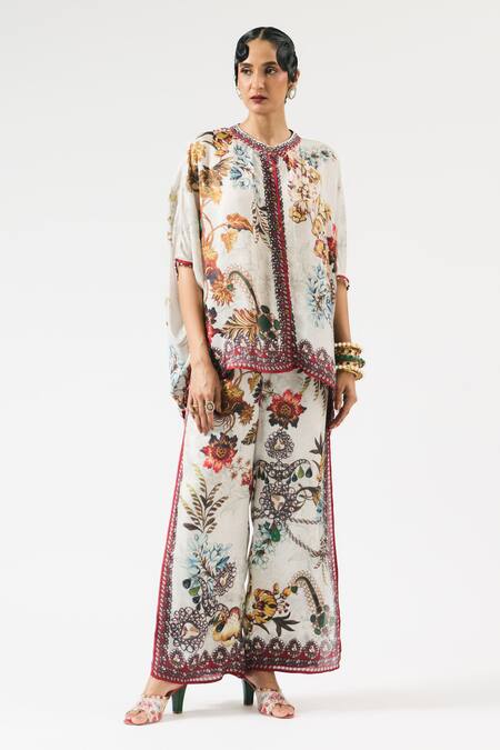 Shop_Rajdeep Ranawat_Grey Silk, Modal Crystals, Pearls, Hanan Floral Print Tunic With Layered Pant _Online_at_Aza_Fashions