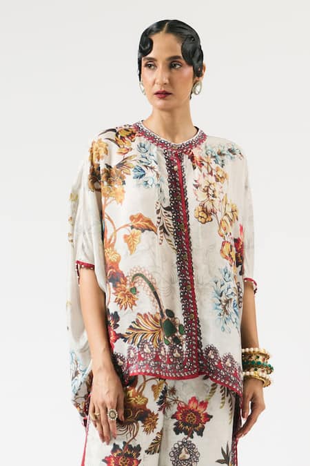 Rajdeep Ranawat_Grey Silk, Modal Crystals, Pearls, Hanan Floral Print Tunic With Layered Pant _at_Aza_Fashions