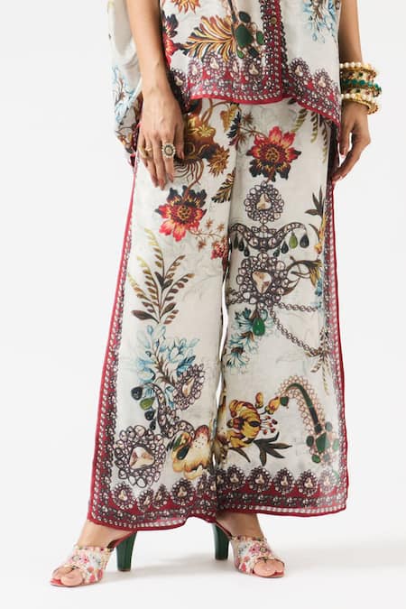 Buy_Rajdeep Ranawat_Grey Silk, Modal Crystals, Pearls, Hanan Floral Print Tunic With Layered Pant 