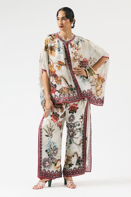 Shop_Rajdeep Ranawat_Grey Silk, Modal Crystals, Pearls, Hanan Floral Print Tunic With Layered Pant 