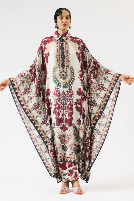 Rajdeep Ranawat_Ivory Silk, Modal Sharifa Flower Ornamental Print Shirt Kaftan With Pant _Online_at_Aza_Fashions