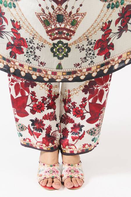 Shop_Rajdeep Ranawat_Ivory Silk, Modal Sharifa Flower Ornamental Print Shirt Kaftan With Pant _Online_at_Aza_Fashions