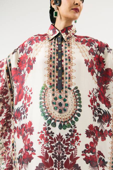 Rajdeep Ranawat_Ivory Silk, Modal Sharifa Flower Ornamental Print Shirt Kaftan With Pant _at_Aza_Fashions
