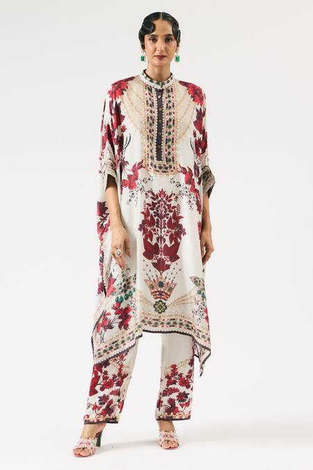 Rajdeep Ranawat Ivory Silk, Modal Crystals, Chanetelle Floral Blossom Print Kaftan With Pant Online at Aza Fashions Rajdeep Ranawat_Ivory Silk, Modal Crystals, Chanetelle Floral Blossom Print Kaftan With Pant _Online_at_Aza_Fashions