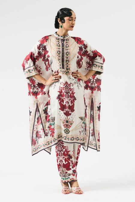 Shop Rajdeep Ranawat Ivory Silk, Modal Crystals, Chanetelle Floral Blossom Print Kaftan With Pant Online at Aza Fashions Shop_Rajdeep Ranawat_Ivory Silk, Modal Crystals, Chanetelle Floral Blossom Print Kaftan With Pant _Online_at_Aza_Fashions