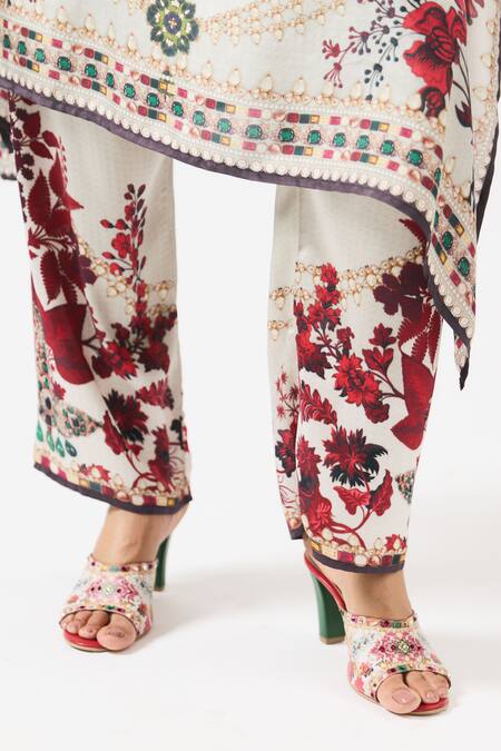 Buy Rajdeep Ranawat Ivory Silk, Modal Crystals, Chanetelle Floral Blossom Print Kaftan With Pant Buy_Rajdeep Ranawat_Ivory Silk, Modal Crystals, Chanetelle Floral Blossom Print Kaftan With Pant