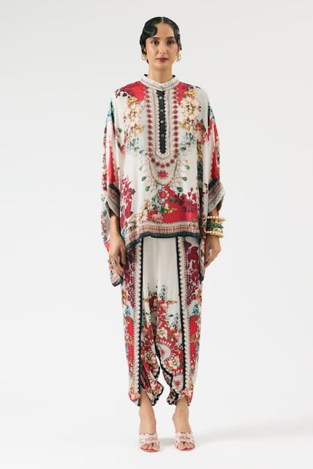 Shop_Rajdeep Ranawat_Ivory Silk, Modal Chanel Sonth Ornamental Floral Print Tunic With Dhoti Pant _Online_at_Aza_Fashions