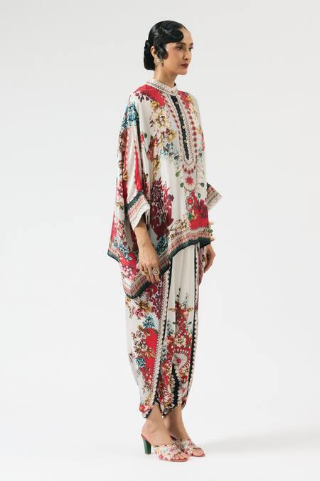 Rajdeep Ranawat_Ivory Silk, Modal Chanel Sonth Ornamental Floral Print Tunic With Dhoti Pant _at_Aza_Fashions