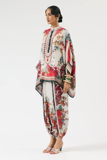 Buy_Rajdeep Ranawat_Ivory Silk, Modal Chanel Sonth Ornamental Floral Print Tunic With Dhoti Pant 