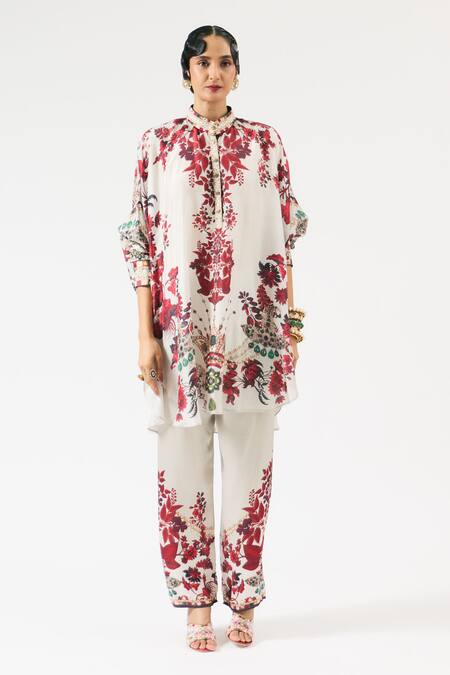 Rajdeep Ranawat_Ivory Silk, Modal Crystals, Mabel Ornamental Floral Print Shirt Kurta With Pant _Online_at_Aza_Fashions