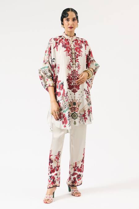 Buy_Rajdeep Ranawat_Ivory Silk, Modal Crystals, Mabel Ornamental Floral Print Shirt Kurta With Pant _Online_at_Aza_Fashions
