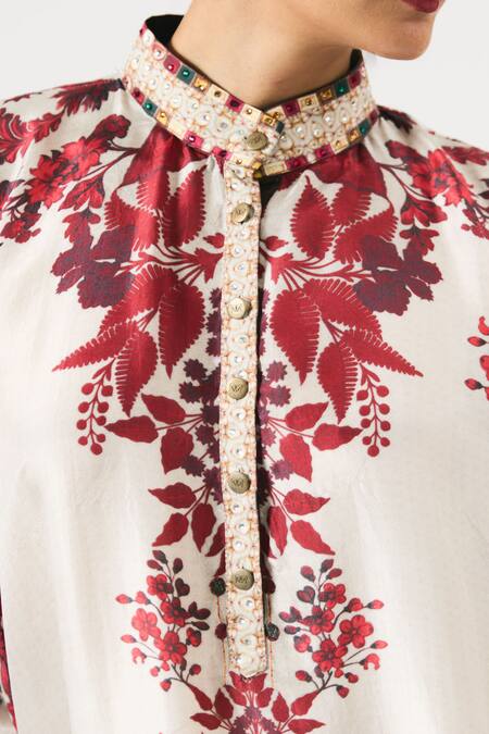 Rajdeep Ranawat_Ivory Silk, Modal Crystals, Mabel Ornamental Floral Print Shirt Kurta With Pant _at_Aza_Fashions