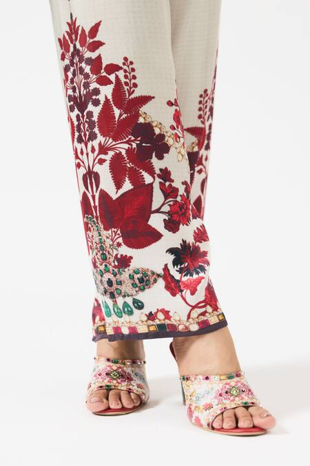 Buy_Rajdeep Ranawat_Ivory Silk, Modal Crystals, Mabel Ornamental Floral Print Shirt Kurta With Pant 