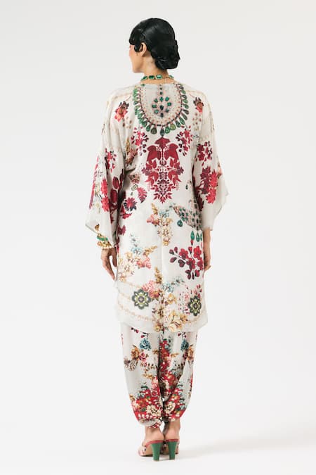 Shop Rajdeep Ranawat Ivory Silk, Modal Pearls, Crystals Inayat Flower Print Kaftan With Dhoti Pant at Aza Fashions Shop_Rajdeep Ranawat_Ivory Silk, Modal Pearls, Crystals Inayat Flower Print Kaftan With Dhoti Pant _at_Aza_Fashions