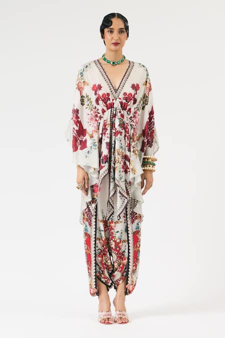 Rajdeep Ranawat Ivory Silk, Modal Pearls, Crystals Inayat Flower Print Kaftan With Dhoti Pant Online at Aza Fashions Rajdeep Ranawat_Ivory Silk, Modal Pearls, Crystals Inayat Flower Print Kaftan With Dhoti Pant _Online_at_Aza_Fashions