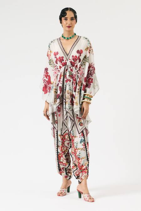 Buy Rajdeep Ranawat Ivory Silk, Modal Pearls, Crystals Inayat Flower Print Kaftan With Dhoti Pant Online at Aza Fashions Buy_Rajdeep Ranawat_Ivory Silk, Modal Pearls, Crystals Inayat Flower Print Kaftan With Dhoti Pant _Online_at_Aza_Fashions