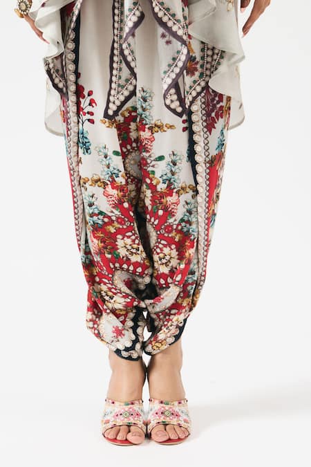 Shop Rajdeep Ranawat Ivory Silk, Modal Pearls, Crystals Inayat Flower Print Kaftan With Dhoti Pant Online at Aza Fashions Shop_Rajdeep Ranawat_Ivory Silk, Modal Pearls, Crystals Inayat Flower Print Kaftan With Dhoti Pant _Online_at_Aza_Fashions