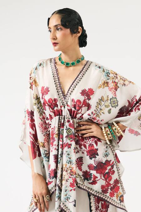 Rajdeep Ranawat Ivory Silk, Modal Pearls, Crystals Inayat Flower Print Kaftan With Dhoti Pant at Aza Fashions Rajdeep Ranawat_Ivory Silk, Modal Pearls, Crystals Inayat Flower Print Kaftan With Dhoti Pant _at_Aza_Fashions