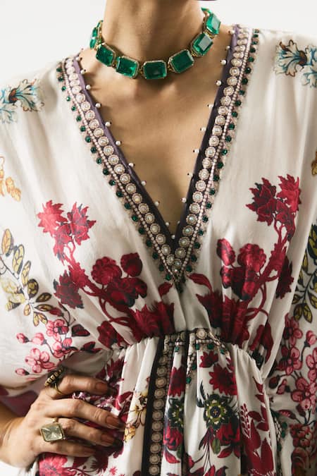 Buy Rajdeep Ranawat Ivory Silk, Modal Pearls, Crystals Inayat Flower Print Kaftan With Dhoti Pant Buy_Rajdeep Ranawat_Ivory Silk, Modal Pearls, Crystals Inayat Flower Print Kaftan With Dhoti Pant