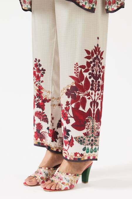 Rajdeep Ranawat_Ivory Silk, Modal Crystals, Ghazala Flower Print Short Kurta With Pant _Online_at_Aza_Fashions