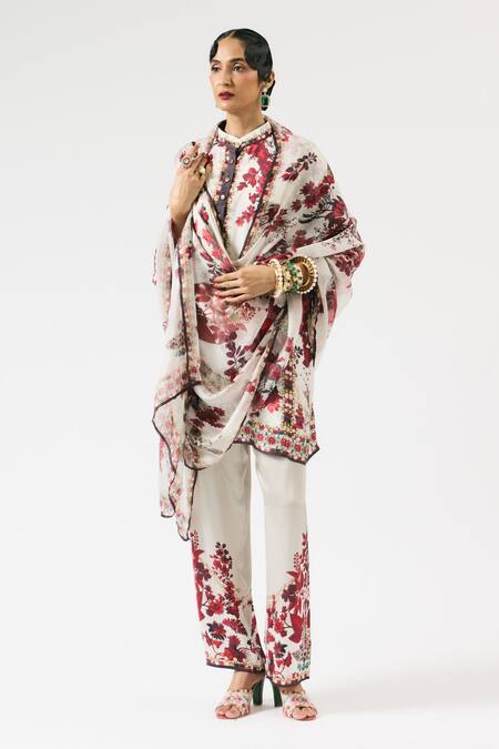 Buy_Rajdeep Ranawat_Ivory Silk, Modal Crystals, Ghazala Flower Print Short Kurta With Pant _Online_at_Aza_Fashions